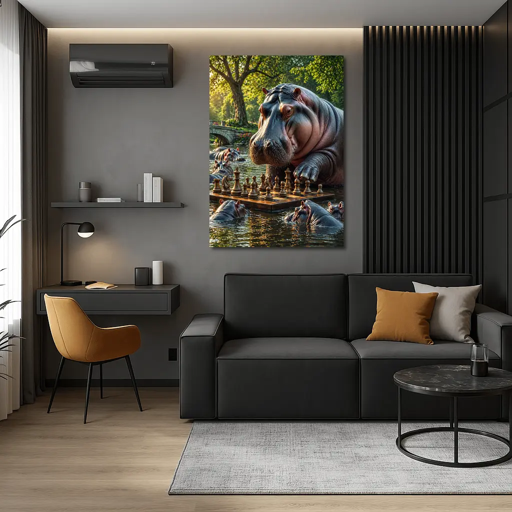 Hippo Playing Chess in Sunny Park – Wall Art