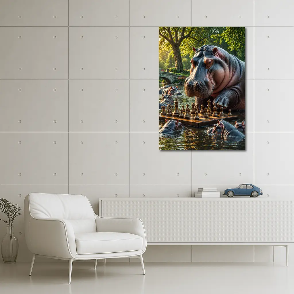 Hippo Playing Chess in Sunny Park – Wall Art
