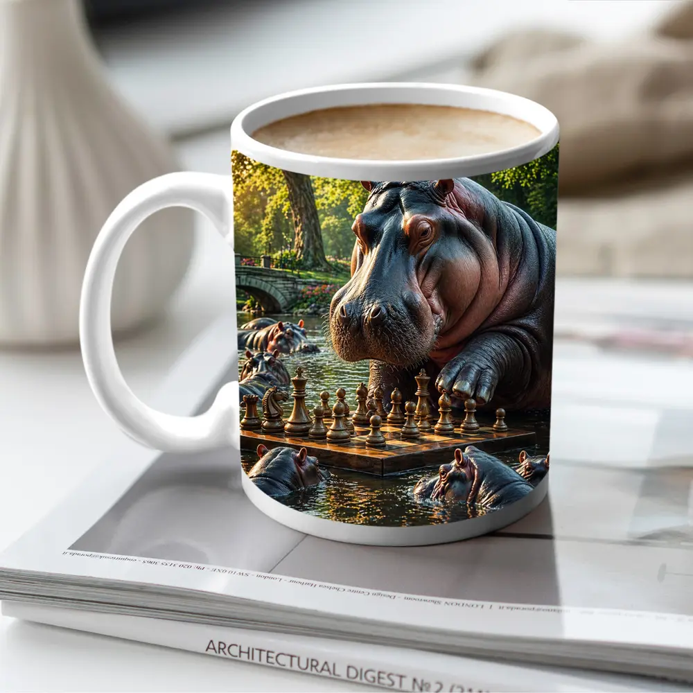 Hippo Playing Chess in Sunny Park – Mugs