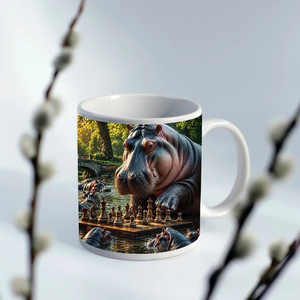 Hippo Playing Chess in Sunny Park – Mugs