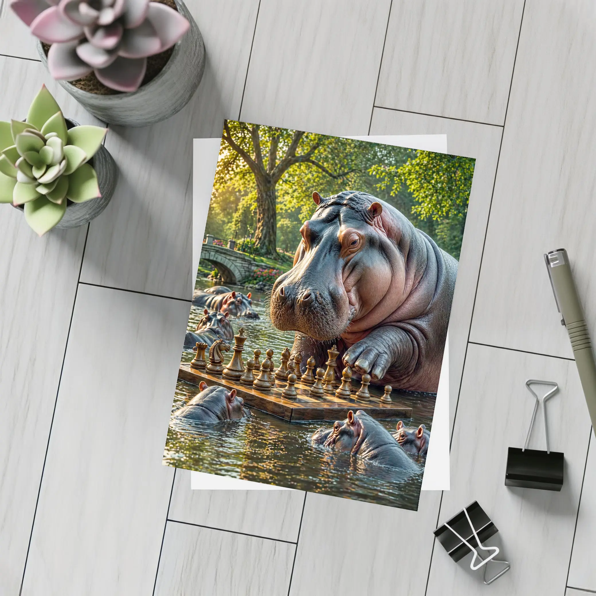 Hippo Playing Chess in Sunny Park – Postcards