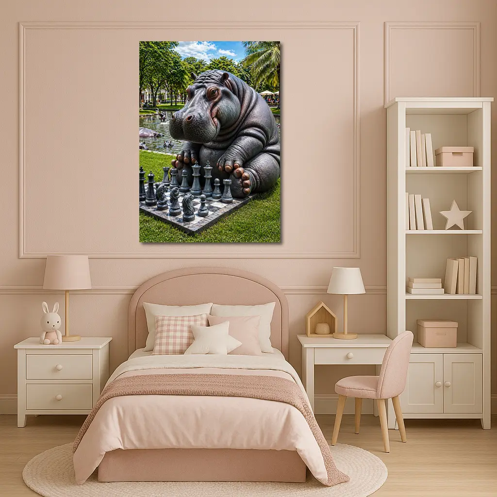 Hippo Playing Chess in Sunny Park – Wall Art