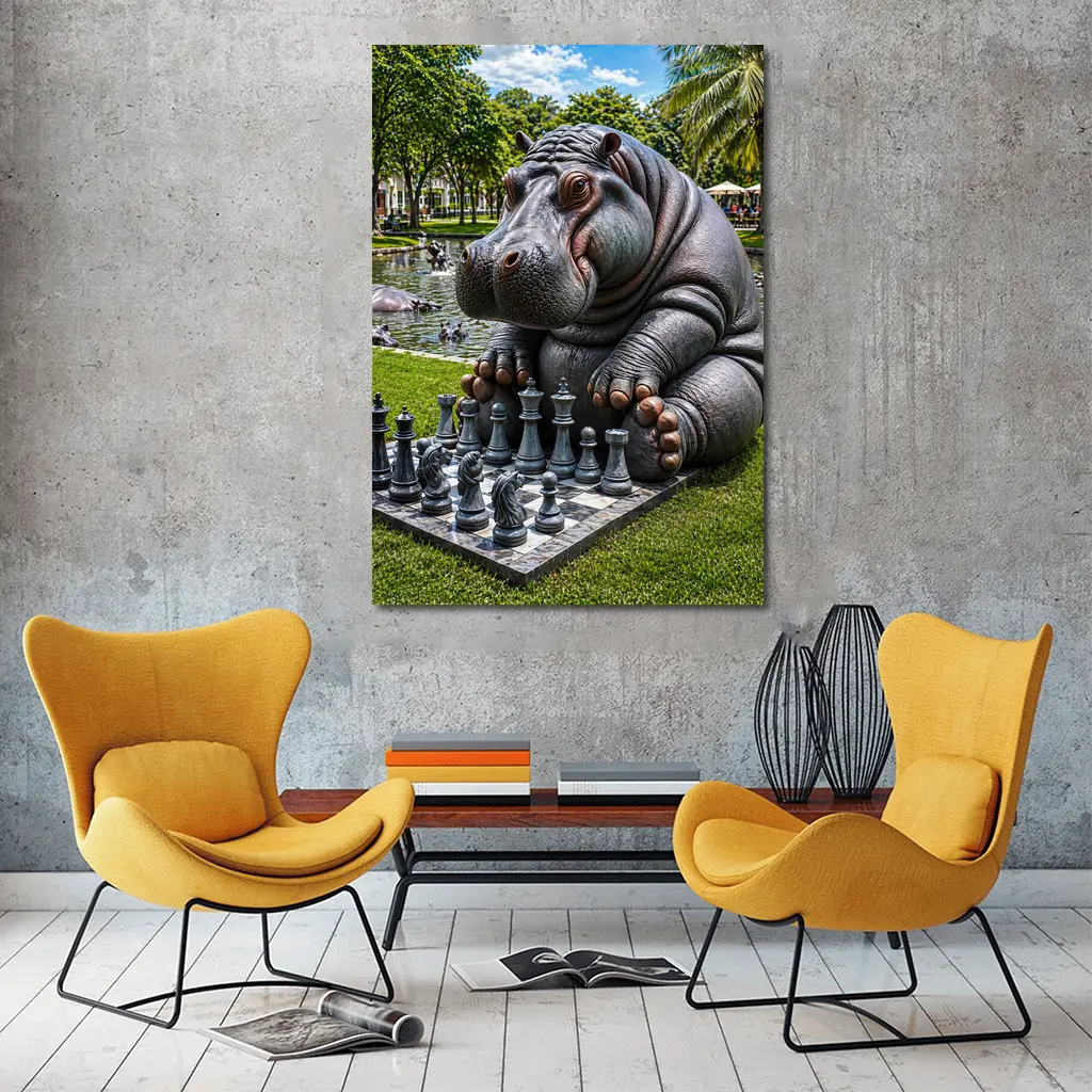 Hippo Playing Chess in Sunny Park – Wall Art