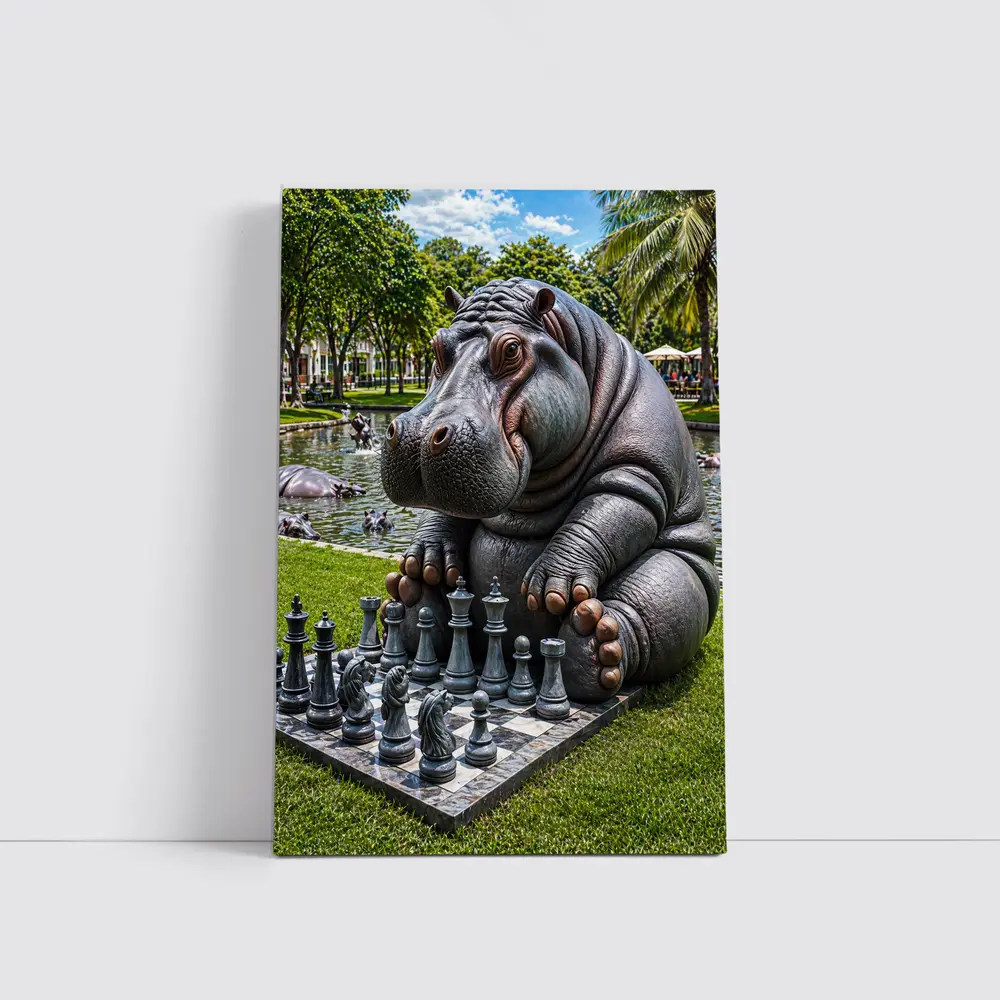Hippo Playing Chess in Sunny Park – Wall Art