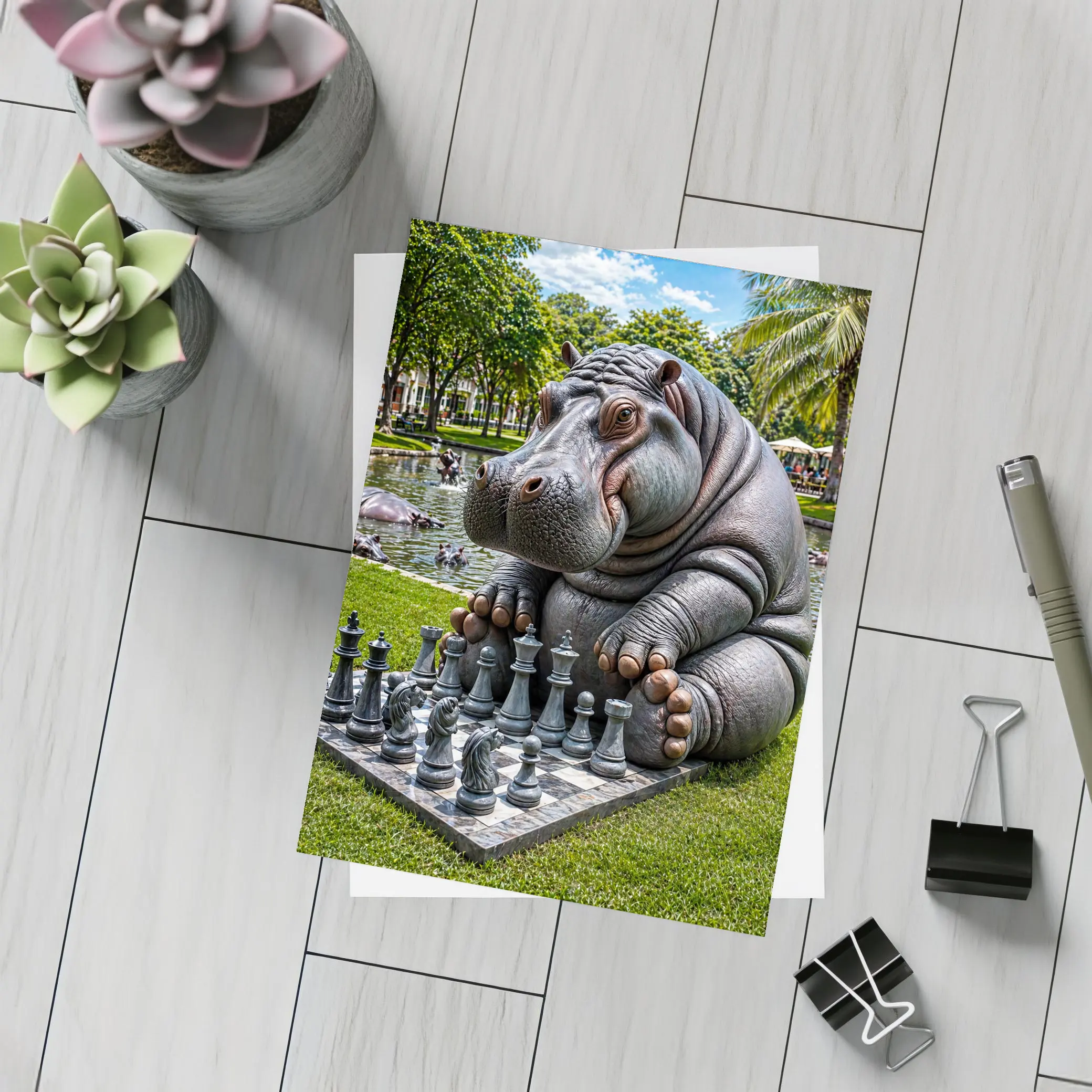 Hippo Playing Chess in Sunny Park – Postcards