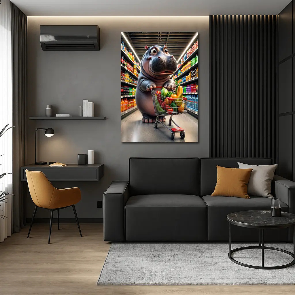 Hippo Shopping Groceries In Supermarket Aisle – Wall Art