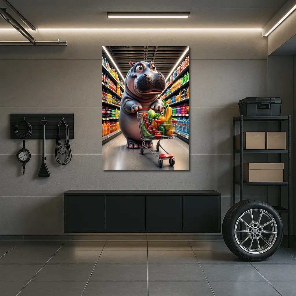 Hippo Shopping Groceries In Supermarket Aisle – Wall Art