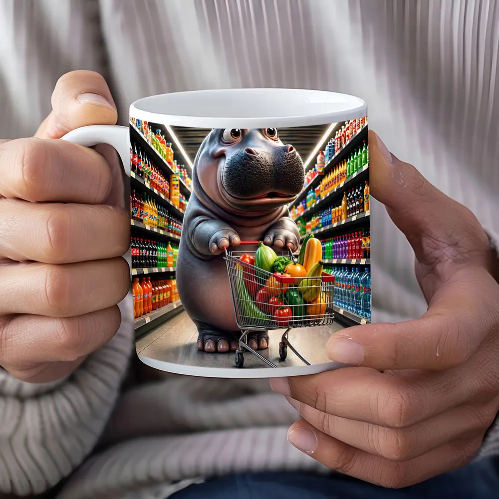 Hippo Shopping Groceries In Supermarket Aisle – Mugs