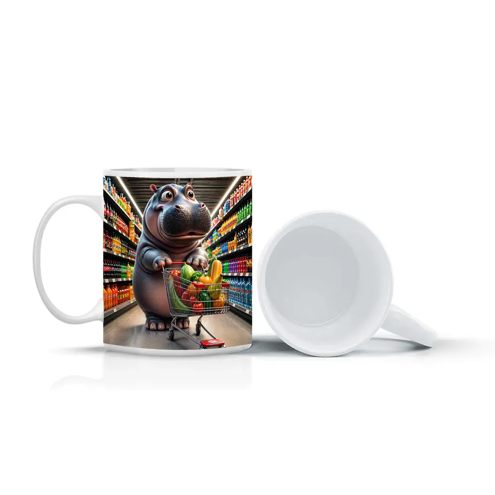 Hippo Shopping Groceries In Supermarket Aisle – Mugs