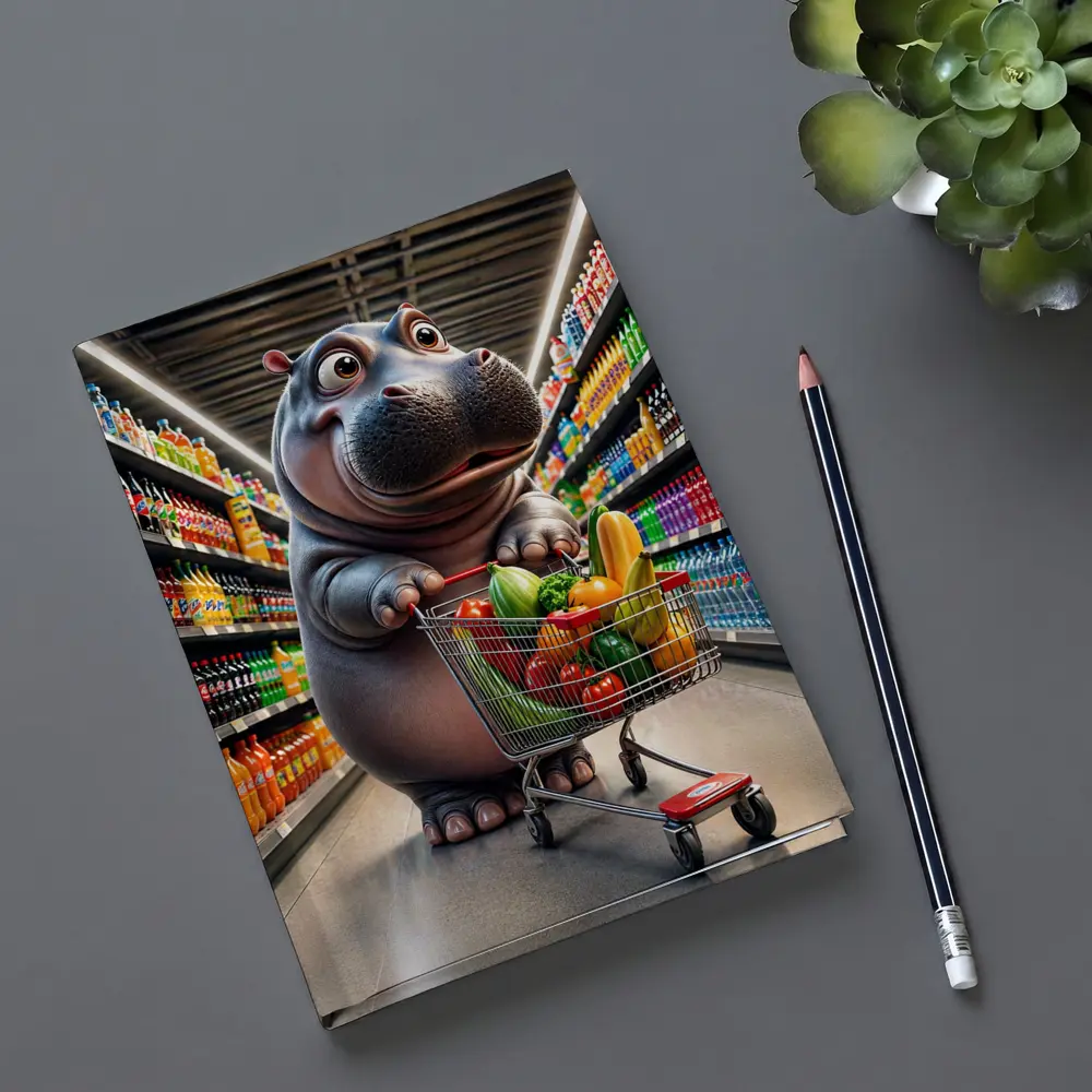 Hippo Shopping Groceries In Supermarket Aisle – Notebooks