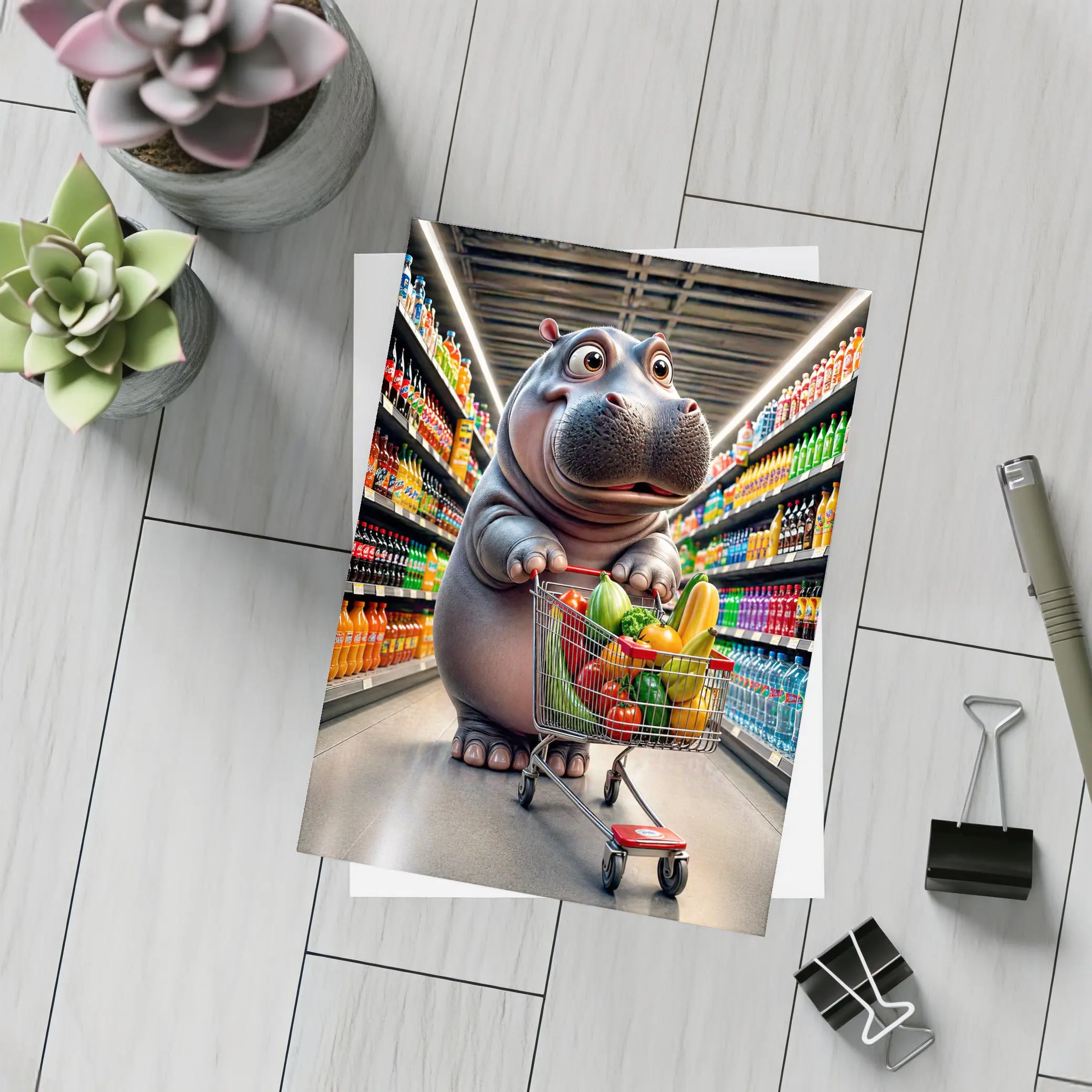 Hippo Shopping Groceries In Supermarket Aisle – Postcards