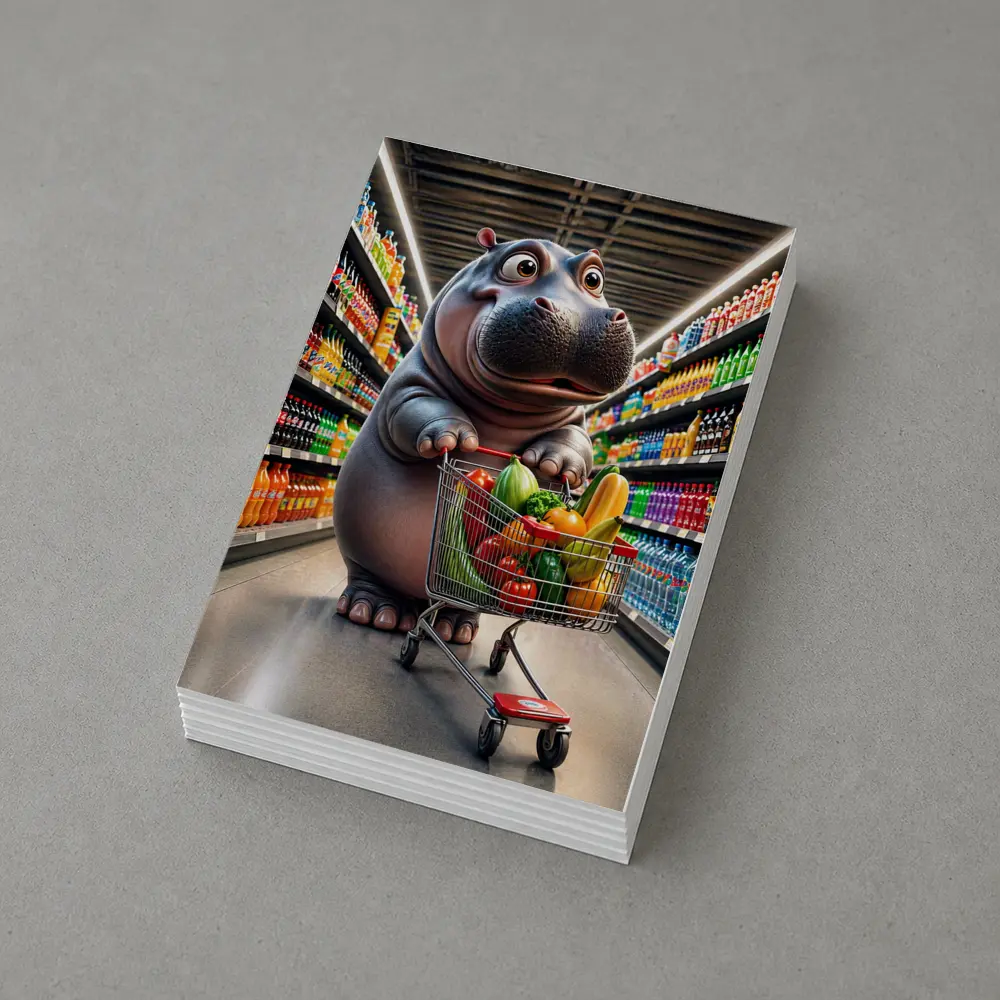 Hippo Shopping Groceries In Supermarket Aisle – Postcards