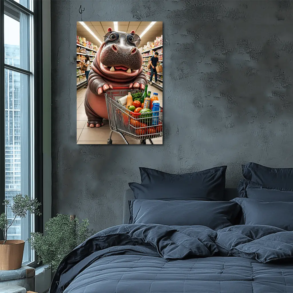 Hippo Wearing Sunglasses Grocery Shopping Supermarket – Wall Art