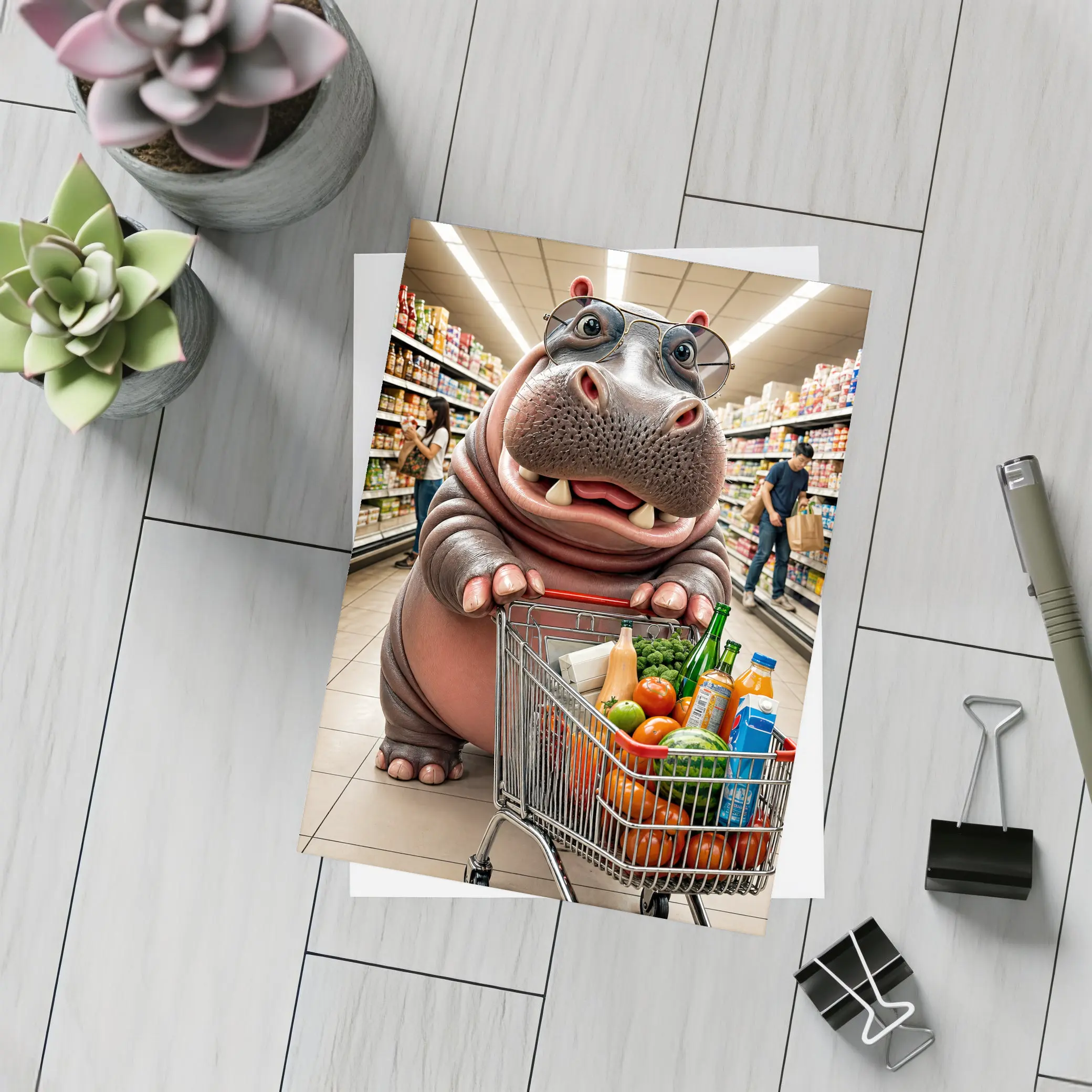 Hippo Wearing Sunglasses Grocery Shopping Supermarket – Postcards