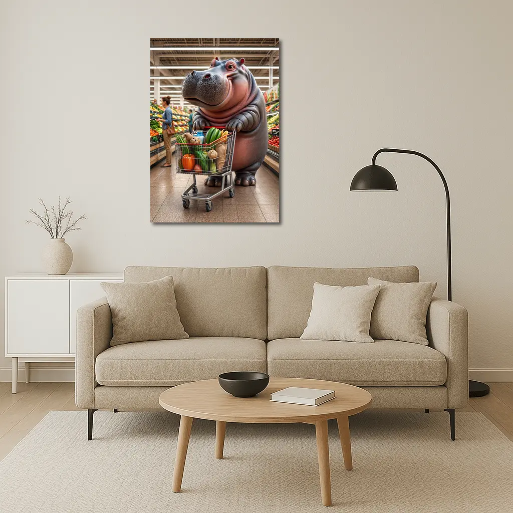 Hippo Shopping Groceries In Supermarket – Wall Art