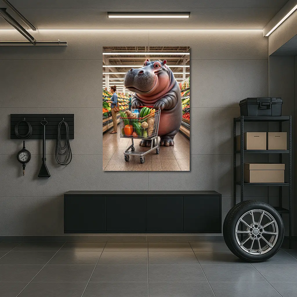 Hippo Shopping Groceries In Supermarket – Wall Art
