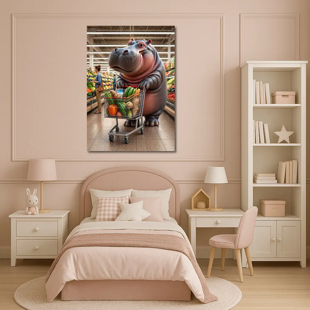 Hippo Shopping Groceries In Supermarket – Wall Art