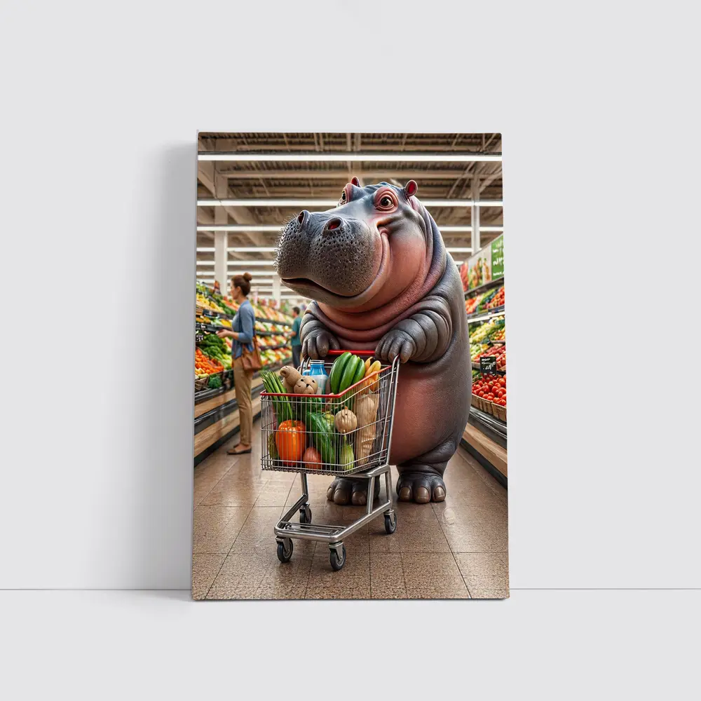 Hippo Shopping Groceries In Supermarket – Wall Art