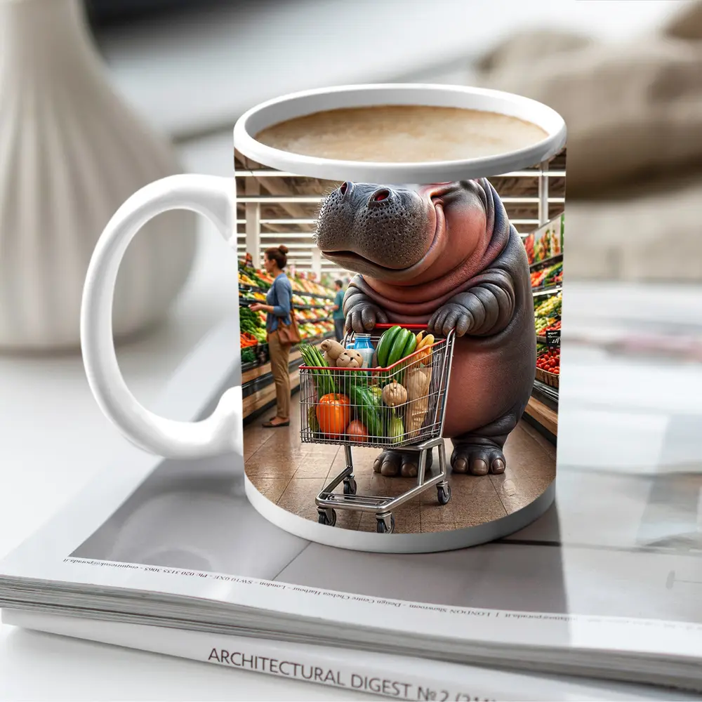 Hippo Shopping Groceries In Supermarket – Mugs