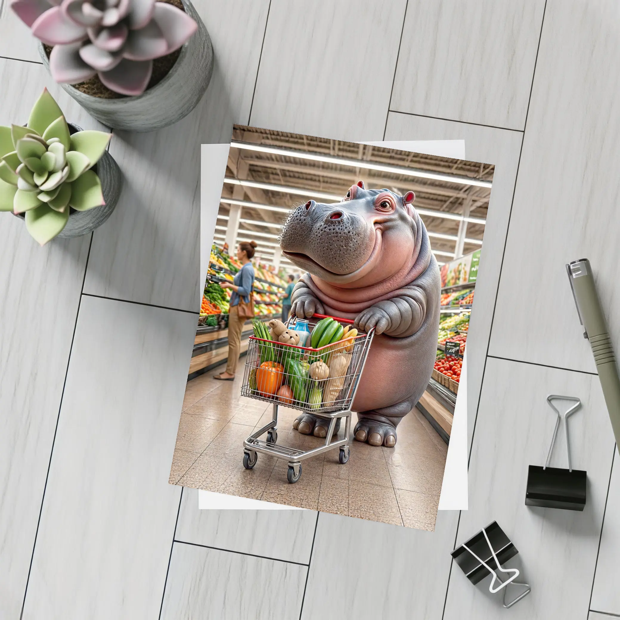 Hippo Shopping Groceries In Supermarket – Postcards