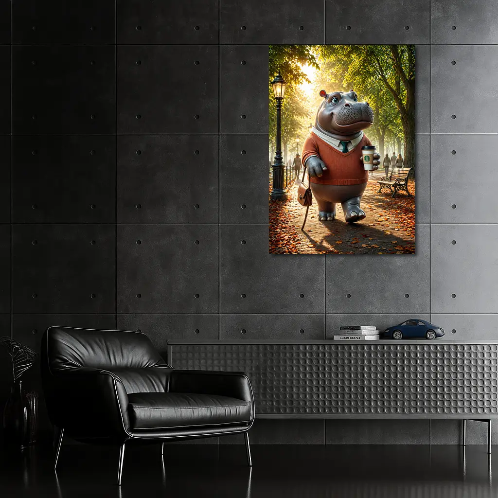 Hippo With Coffee Walking Autumn Park – Wall Art