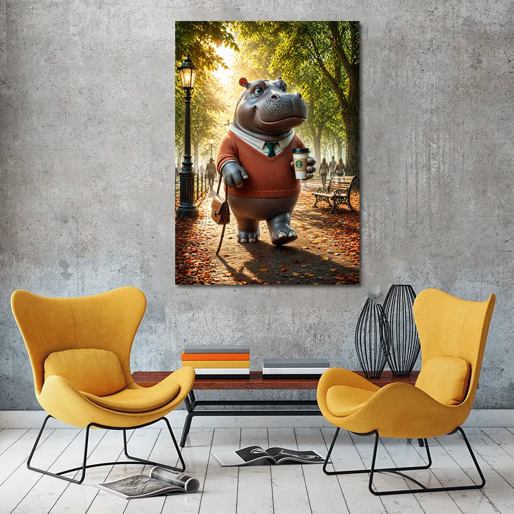 Hippo With Coffee Walking Autumn Park – Wall Art