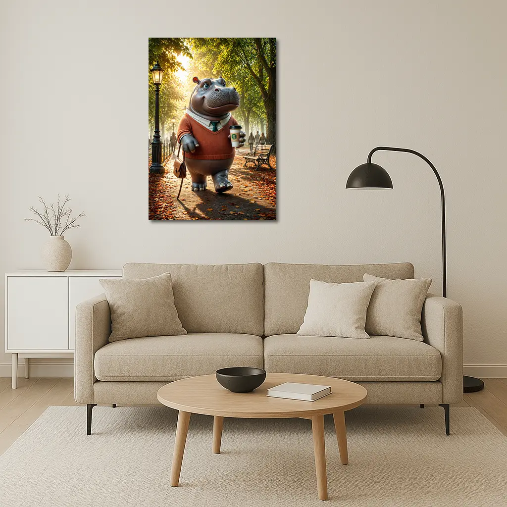 Hippo With Coffee Walking Autumn Park – Wall Art
