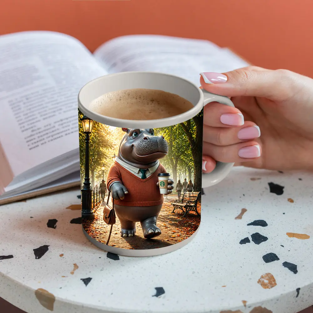 Hippo With Coffee Walking Autumn Park – Mugs