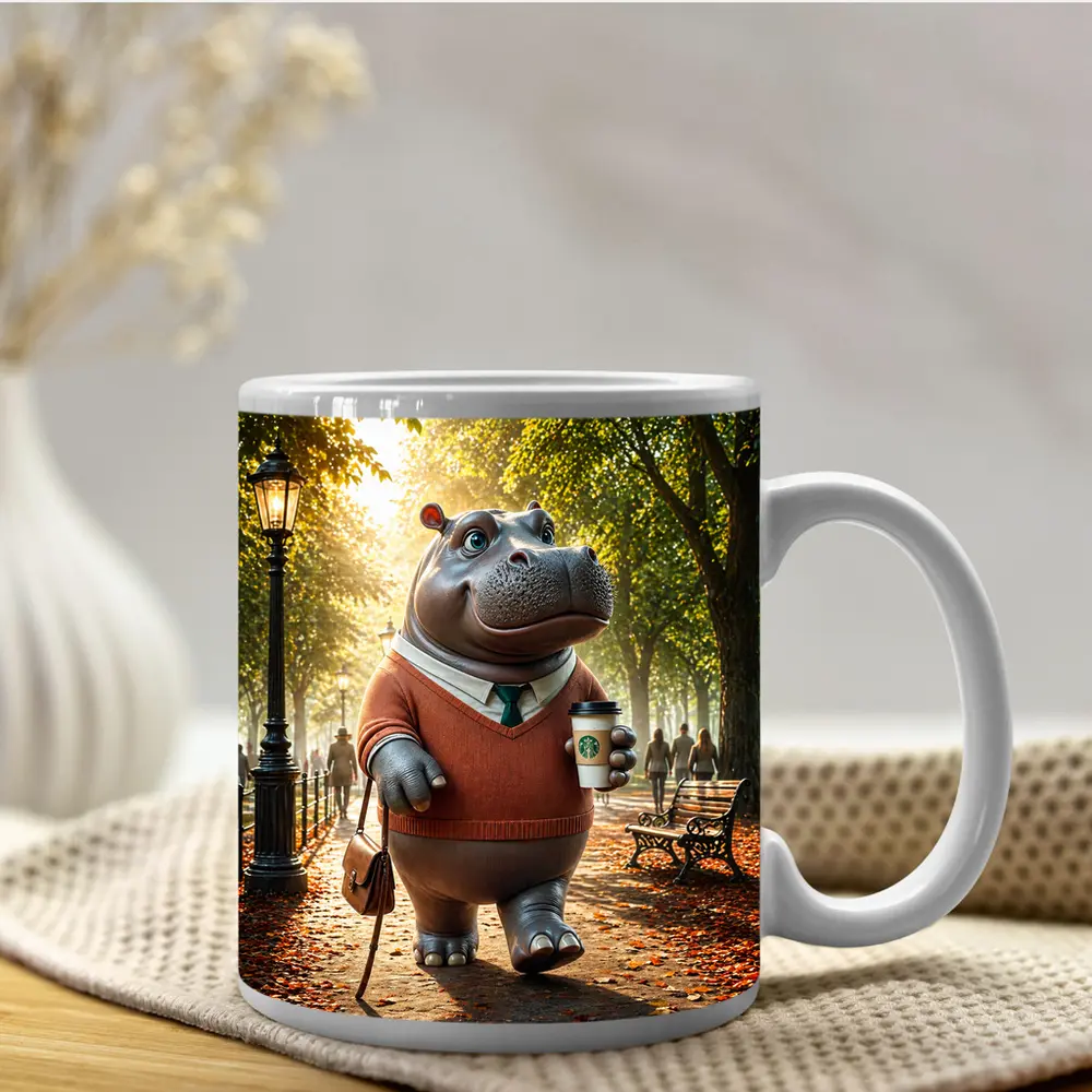 Hippo With Coffee Walking Autumn Park – Mugs