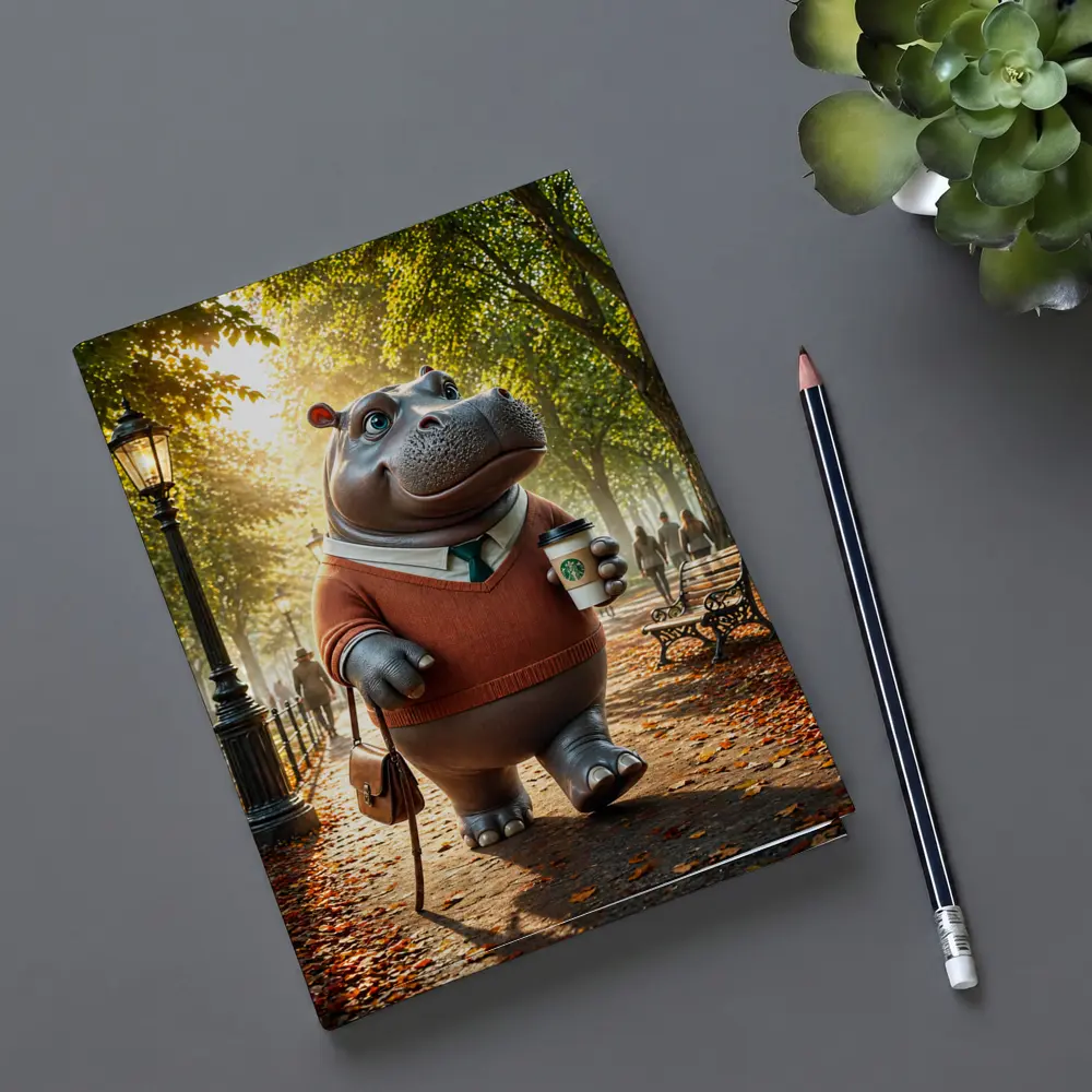 Hippo With Coffee Walking Autumn Park – Notebooks