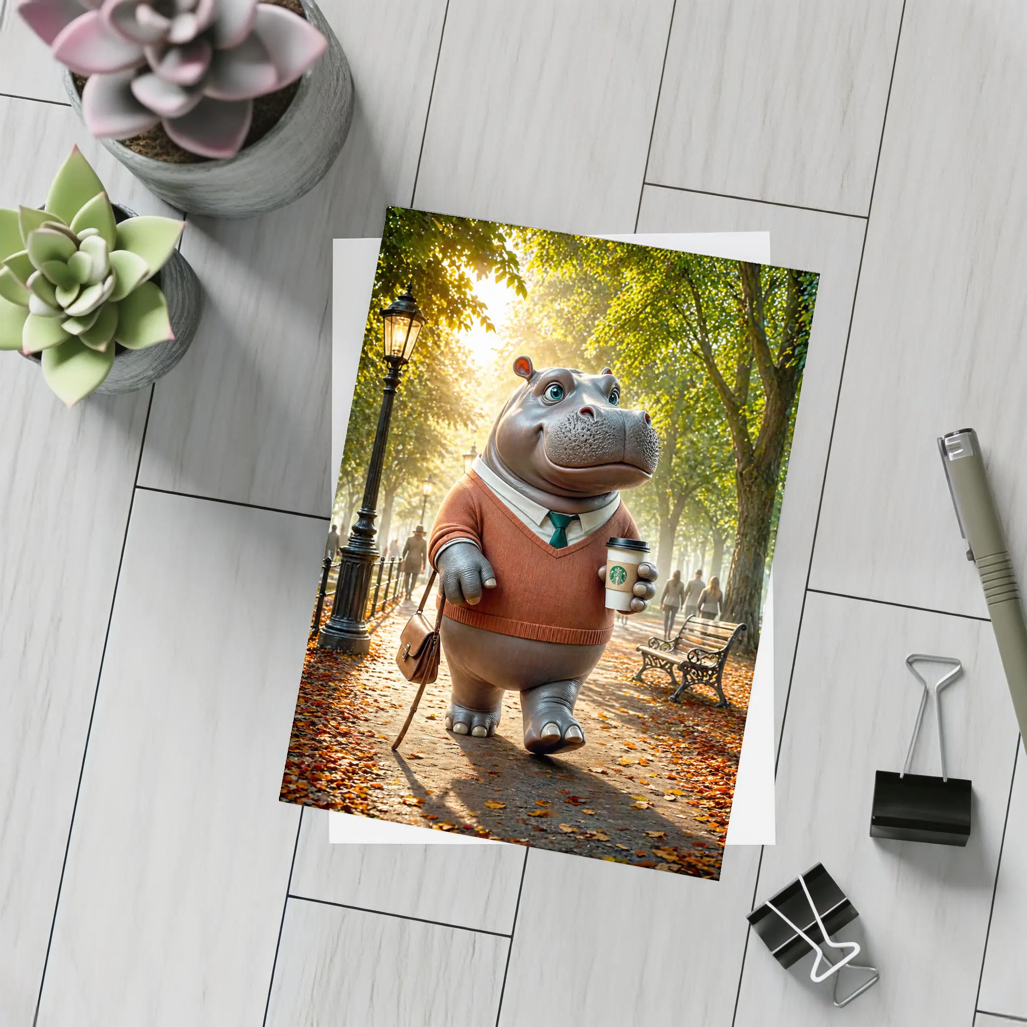 Hippo With Coffee Walking Autumn Park – Postcards