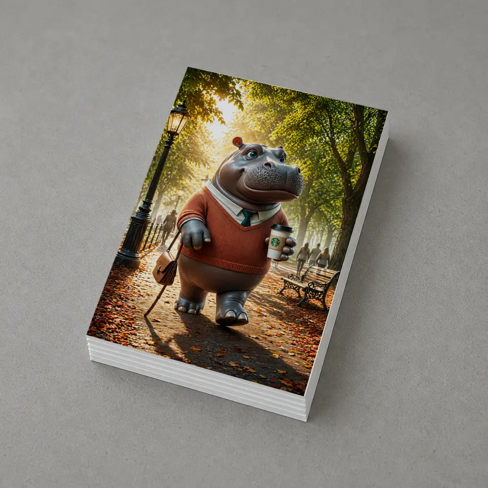 Hippo With Coffee Walking Autumn Park – Postcards