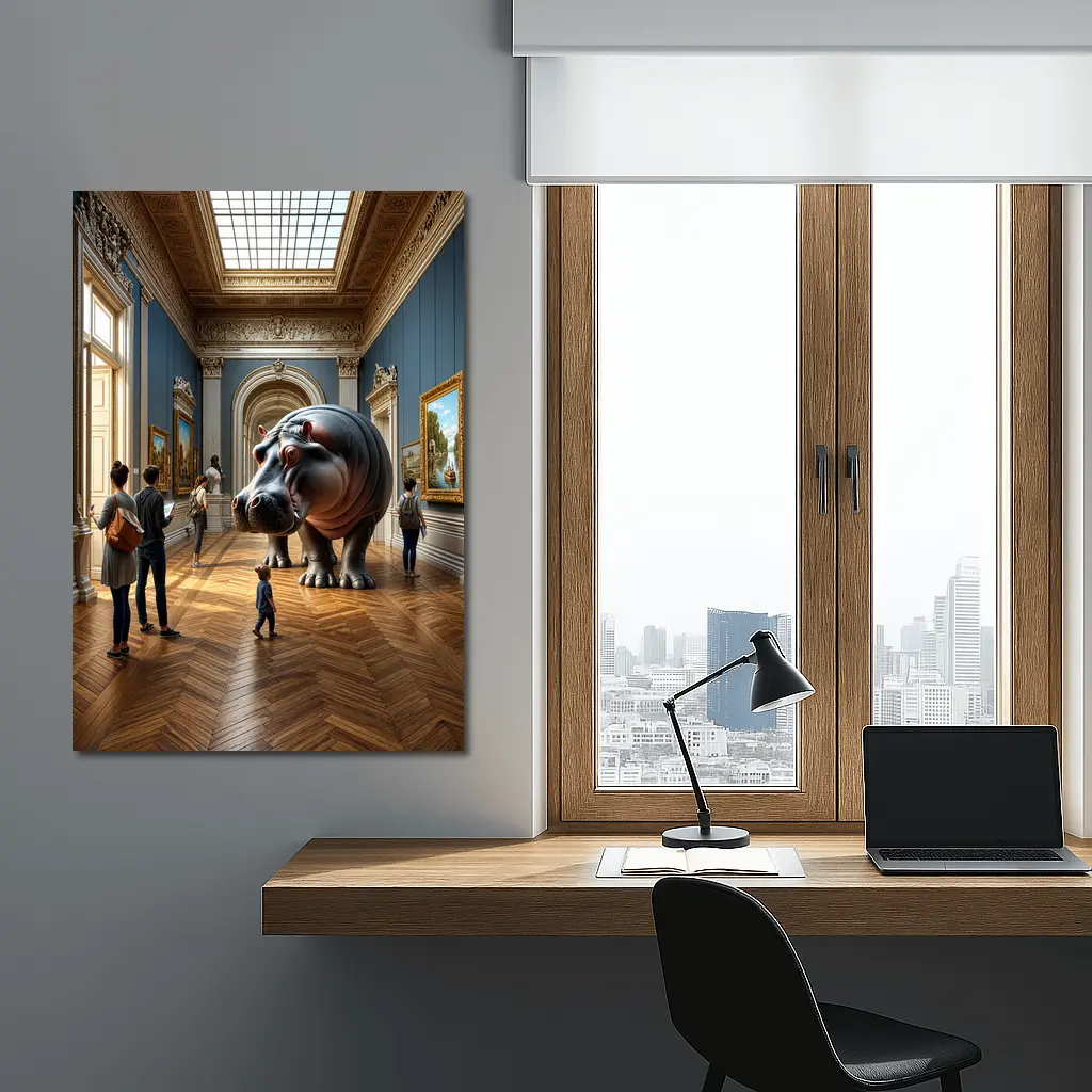 Giant Hippopotamus Standing Inside Classical Museum Gallery – Wall Art