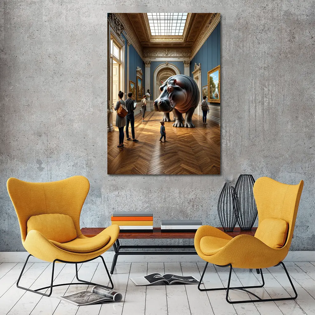 Giant Hippopotamus Standing Inside Classical Museum Gallery – Wall Art