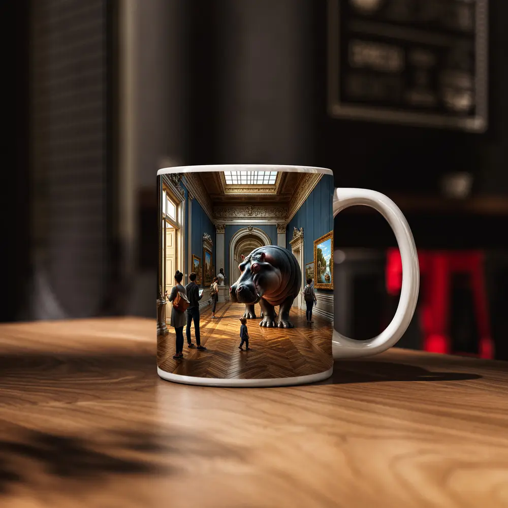 Giant Hippopotamus Standing Inside Classical Museum Gallery – Mugs