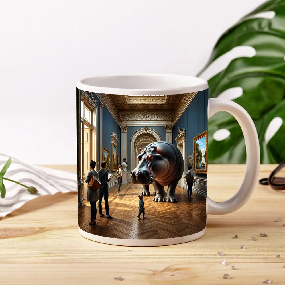 Giant Hippopotamus Standing Inside Classical Museum Gallery – Mugs