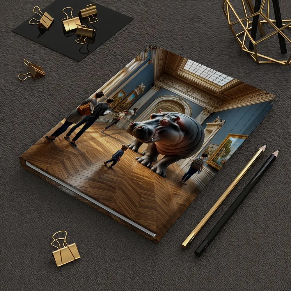 Giant Hippopotamus Standing Inside Classical Museum Gallery – Notebooks