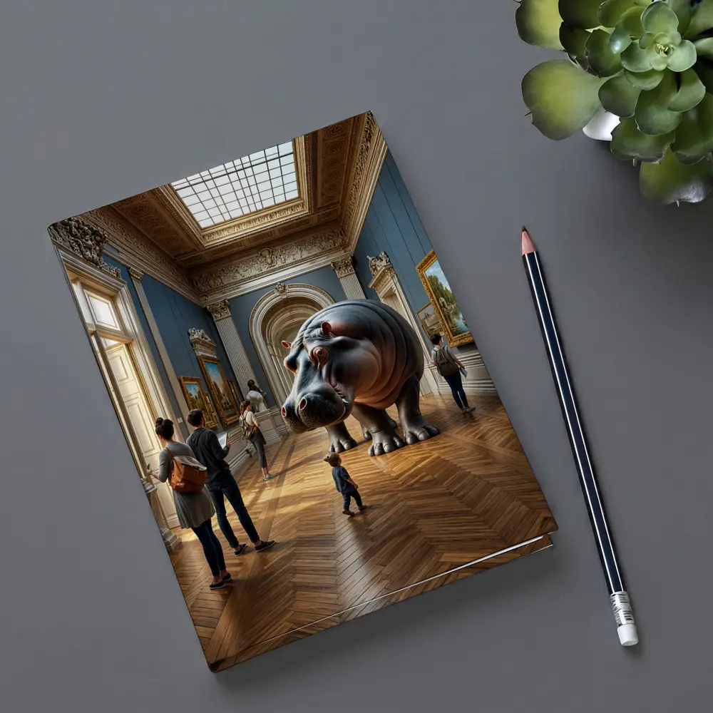 Giant Hippopotamus Standing Inside Classical Museum Gallery – Notebooks