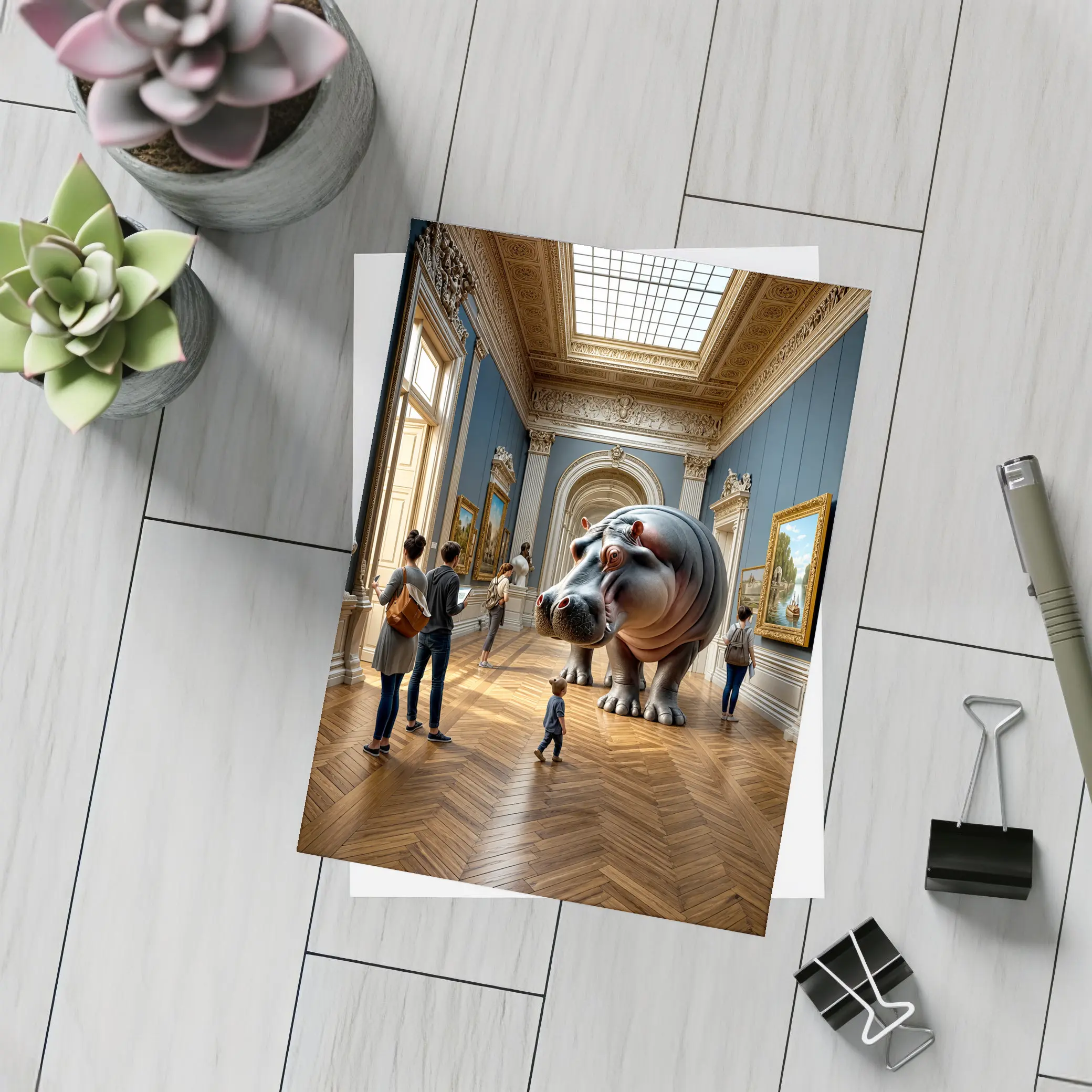 Giant Hippopotamus Standing Inside Classical Museum Gallery – Postcards