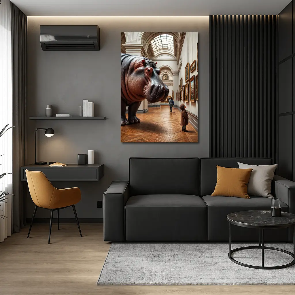Hippopotamus Child Encounter Inside Art Museum – Wall Art