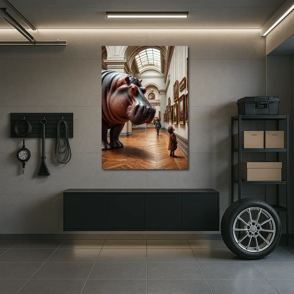 Hippopotamus Child Encounter Inside Art Museum – Wall Art