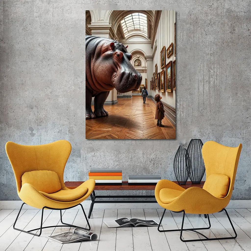 Hippopotamus Child Encounter Inside Art Museum – Wall Art