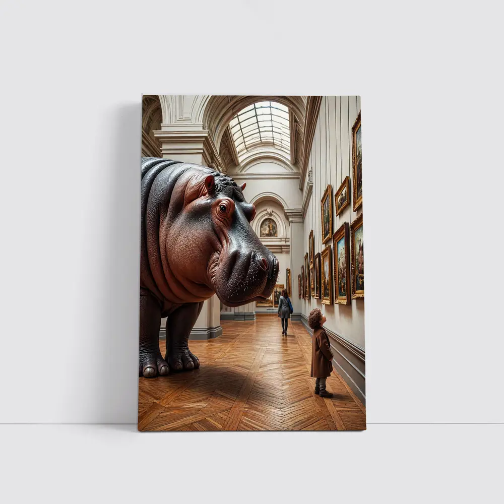 Hippopotamus Child Encounter Inside Art Museum – Wall Art