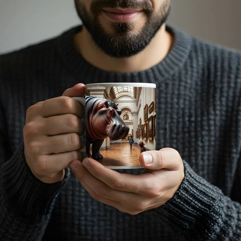 Hippopotamus Child Encounter Inside Art Museum – Mugs