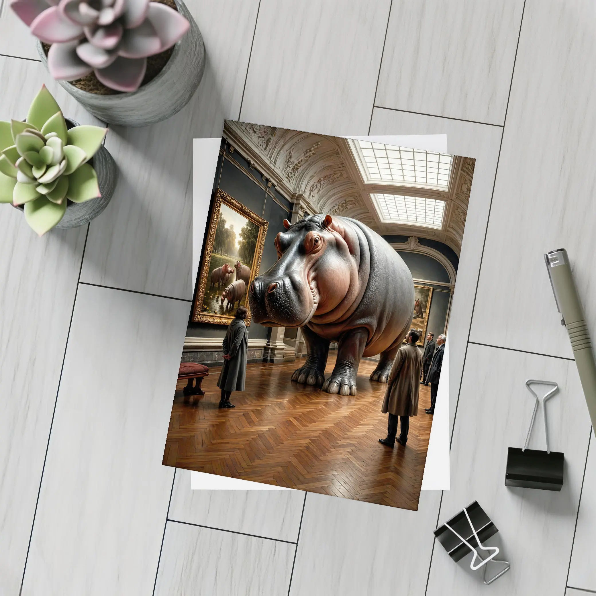 Giant Hippo Inside Classic Art Museum Gallery – Postcards