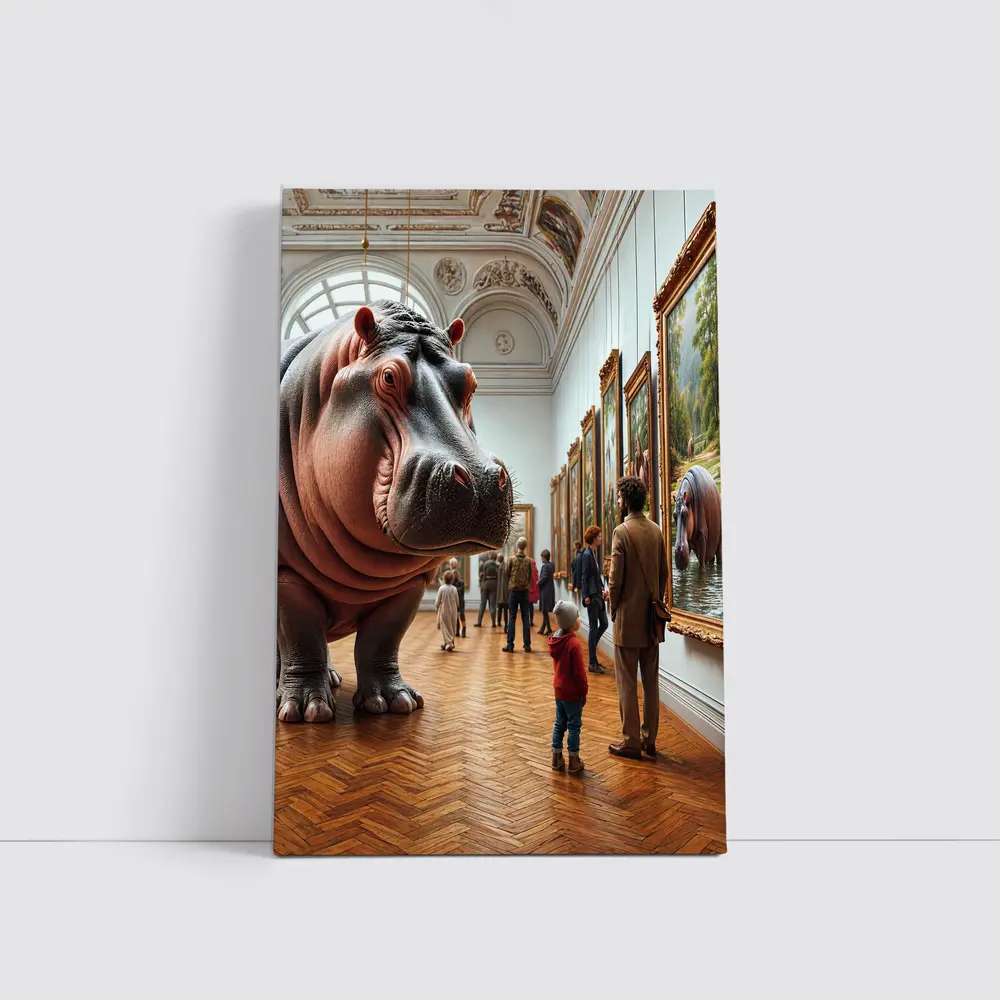 Hippopotamus Visiting Art Museum Gallery Interior – Wall Art