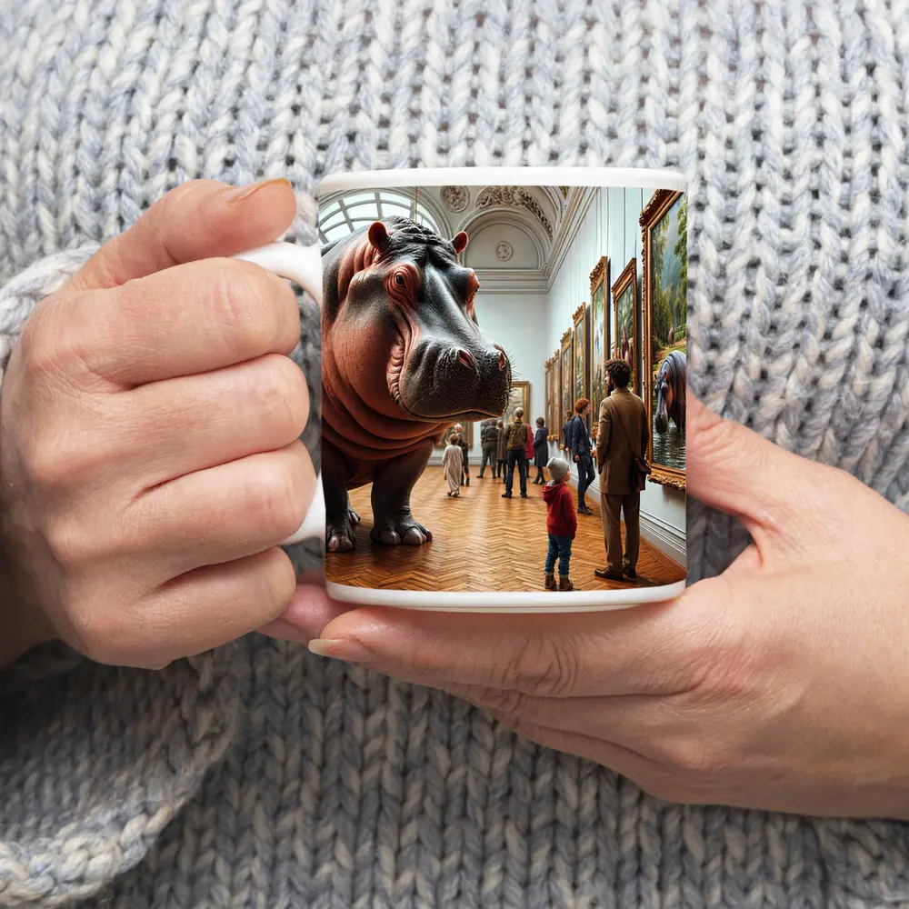 Hippopotamus Visiting Art Museum Gallery Interior – Mugs