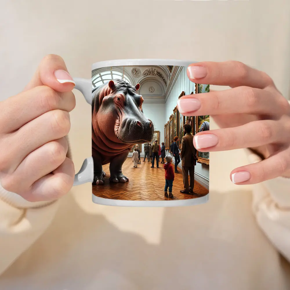 Hippopotamus Visiting Art Museum Gallery Interior – Mugs