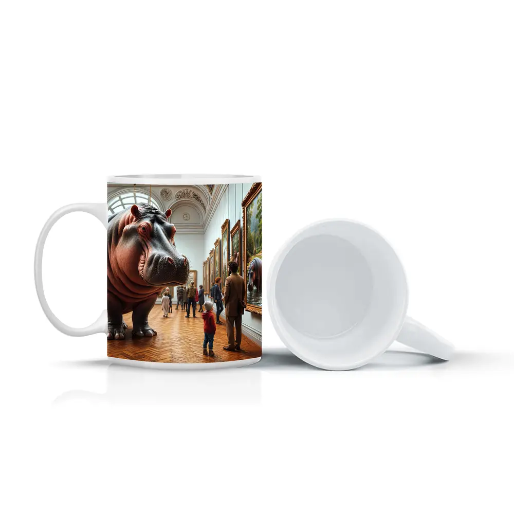 Hippopotamus Visiting Art Museum Gallery Interior – Mugs