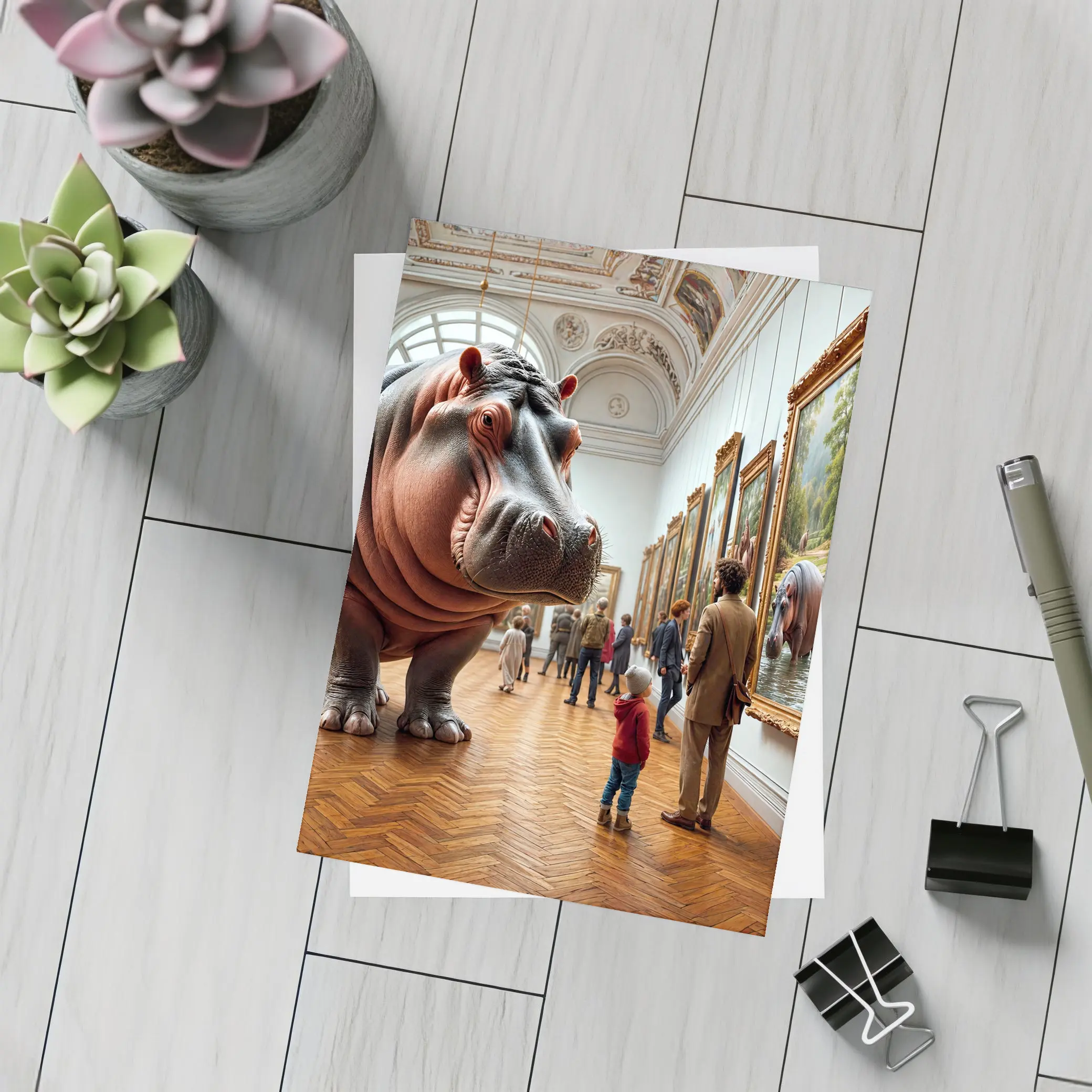 Hippopotamus Visiting Art Museum Gallery Interior – Postcards